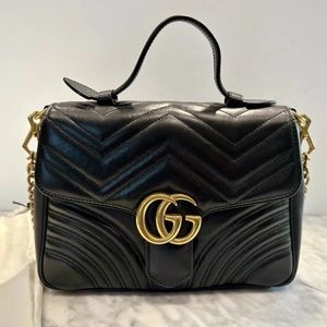 Gucci GG Marmont Top Handle Flap Bag Matelasse Leather Small Black